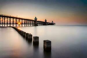 the sun sets over a pier at the beach. AI-Generated photo