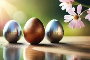 easter eggs on a table with flowers. AI-Generated photo