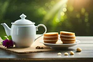 the teapot and cup are on a wooden table. AI-Generated photo