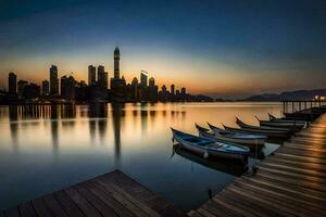 boats docked on the water at sunset with city skyline in the background. AI-Generated photo