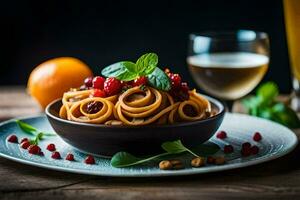 pasta with cranberries and nuts on a plate. AI-Generated photo