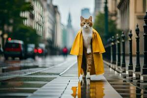 un gato en un amarillo impermeable caminando abajo un calle. generado por ai foto