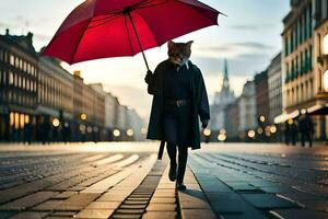 un mujer en un Saco y rojo paraguas caminando abajo un calle. generado por ai foto