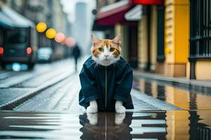 a cat in a raincoat sitting on the street. AI-Generated photo