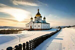 a church in the snow with a fence and a road. AI-Generated photo