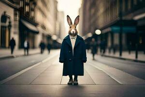 a rabbit wearing a coat and tie standing in the middle of a city street. AI-Generated photo