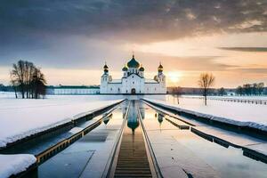 the sun sets over a snowy field with a church in the background. AI-Generated photo