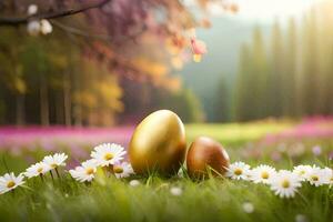 golden eggs in the grass. AI-Generated photo