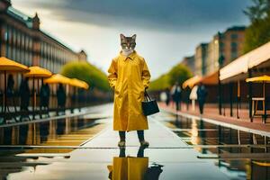 un gato vistiendo un amarillo impermeable en pie en un mojado calle. generado por ai foto