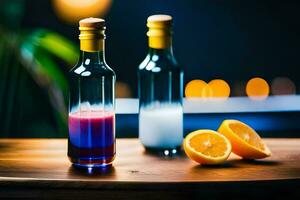 two bottles of liquid with orange slices on a table. AI-Generated photo