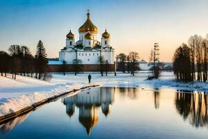 el kremlin en invierno con el río y nieve. generado por ai foto