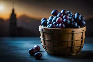 uvas en un cesta en un de madera mesa. generado por ai foto