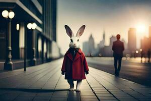 a rabbit wearing a red coat and tie walking down a city street. AI-Generated photo