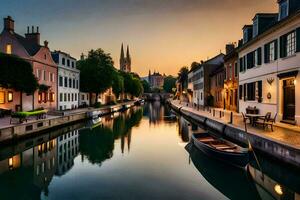 a canal in a city at sunset with boats on it. AI-Generated photo