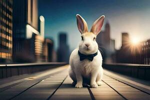 a rabbit wearing a bow tie sits on a bridge. AI-Generated photo