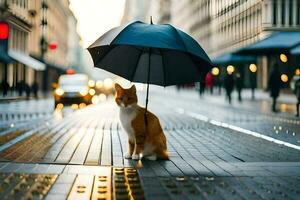 un gato es en pie en un calle con un sombrilla. generado por ai foto