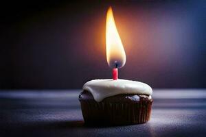 a single candle is lit on a chocolate cupcake. AI-Generated photo