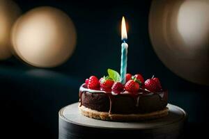 a chocolate cake with a single candle on top. AI-Generated photo