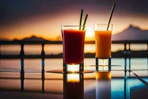 two glasses of orange juice with straws on a table. AI-Generated photo