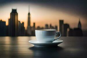 coffee cup on table with cityscape in background. AI-Generated photo