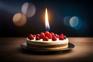 a candle is lit on a cake with berries. AI-Generated photo