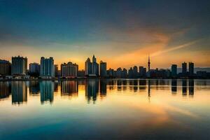 el ciudad horizonte es reflejado en el agua a puesta de sol. generado por ai foto