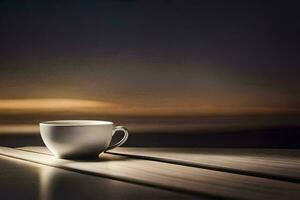 a cup of coffee on a table in front of the ocean. AI-Generated photo