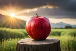 an apple sits on top of a stump in front of a sunset. AI-Generated photo