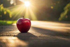 an apple is sitting on the ground in front of the sun. AI-Generated photo