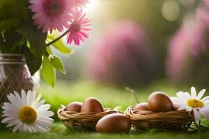 easter eggs in a basket with daisies and flowers. AI-Generated photo