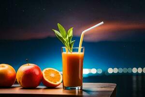 juice in a glass with oranges and apples on a table. AI-Generated photo
