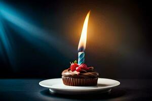 a chocolate cupcake with a lit candle on top. AI-Generated photo