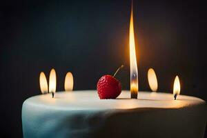 a single strawberry is lit on top of a birthday cake. AI-Generated photo