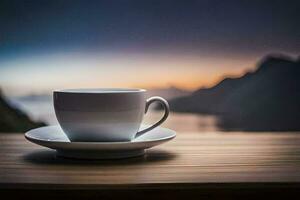 coffee cup on a wooden table with mountains in the background. AI-Generated photo