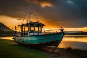 a boat sits on the shore at sunset. AI-Generated photo