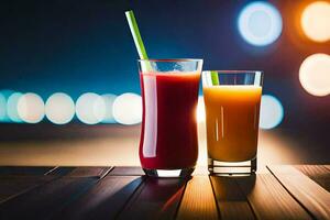 two glasses of juice on a wooden table. AI-Generated photo