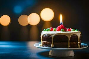 a birthday cake with a lit candle on top. AI-Generated photo