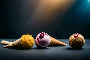 three ice cream cones with different flavors on a black background. AI-Generated photo