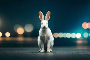 un blanco Conejo es en pie en el medio de un oscuro calle. generado por ai foto