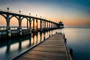 a pier at sunset with a wooden bridge. AI-Generated photo