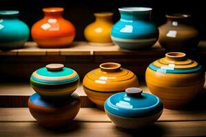 a row of colorful vases on a wooden shelf. AI-Generated photo