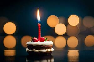 a small birthday cake with a single candle. AI-Generated photo