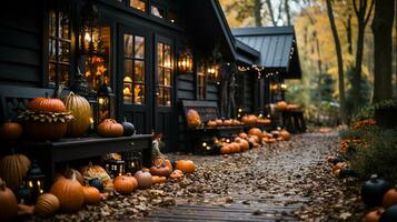 Fall and autumn beautifully decorated house porches with pumpkins, gourds and seating - generative AI. photo