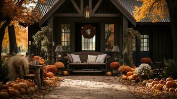 Fall and autumn beautifully decorated house porches with pumpkins, gourds and seating - generative AI. photo