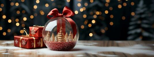 Christmas Snow Globe with Pine Trees and Small Gift Boxes on a Wood Surface Banner. Generative AI. photo