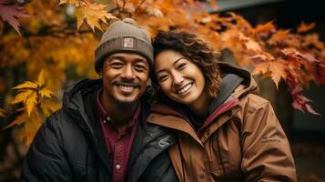 Happy warmly dressed young loving Asian couple smile as they enjoy the beautiful fall leaves in the park - Generative AI. photo
