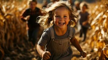 Happy laughing children running amist the corn fields on a fall day - Generative AI. photo