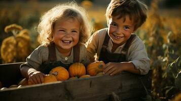 contento joven Niños sentado en medio de el calabazas a el calabaza parche granja en un otoño día - generativo ai. foto