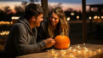 Happy young couple enjoying the fall harvest festivities outside - generative AI. photo