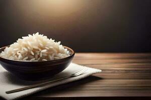 a bowl of white rice on a wooden table. AI-Generated photo